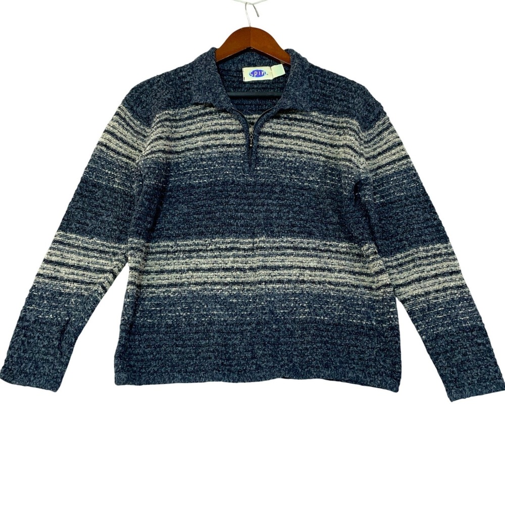 Vtg Spin Women's M Blue Striped Quarter Zip Pullover Sweater Acrylic Wool Blend
